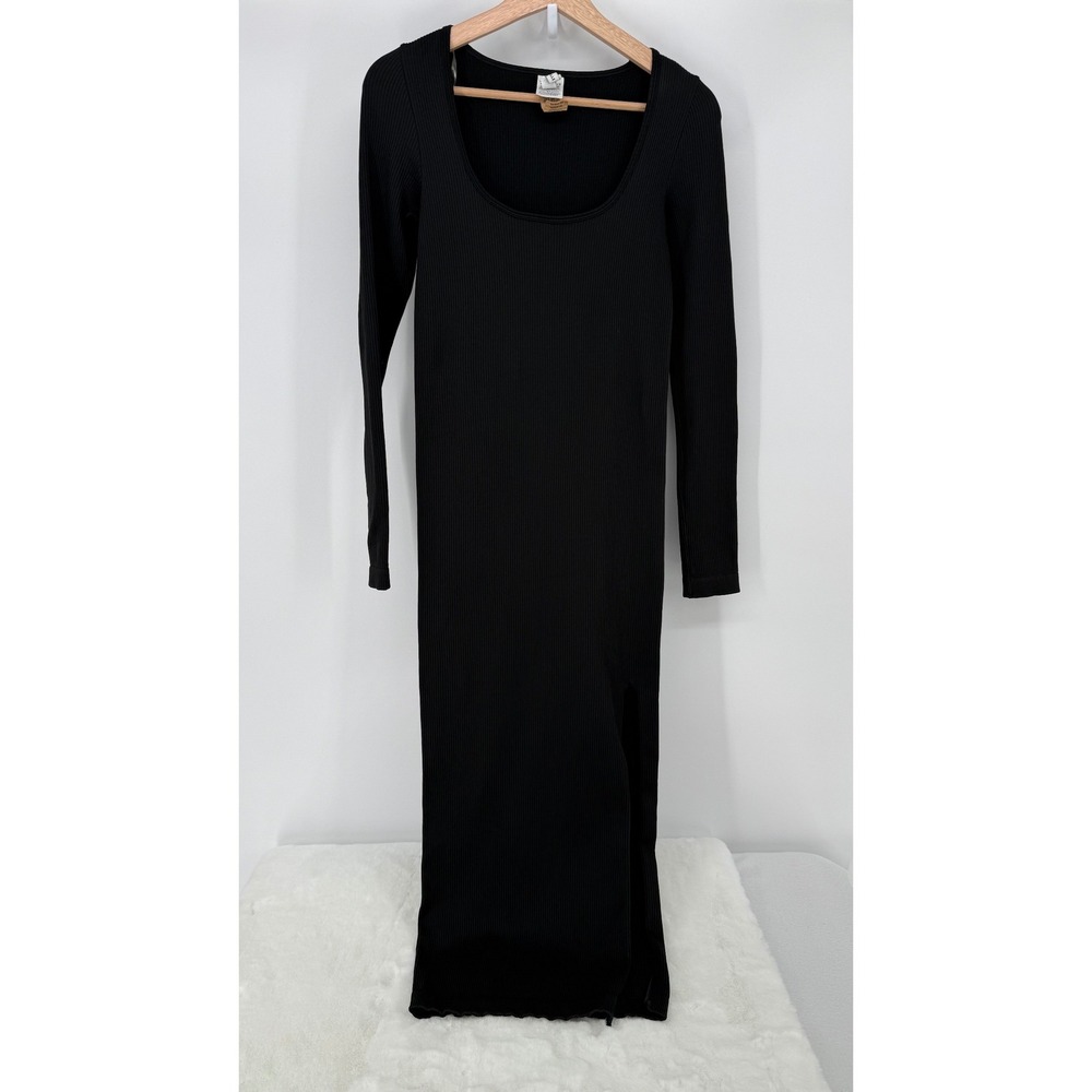 Chloe x Halle PINK Victoria's Secret Maxi Dress XS Black Ribbed Long Sleeve Slit